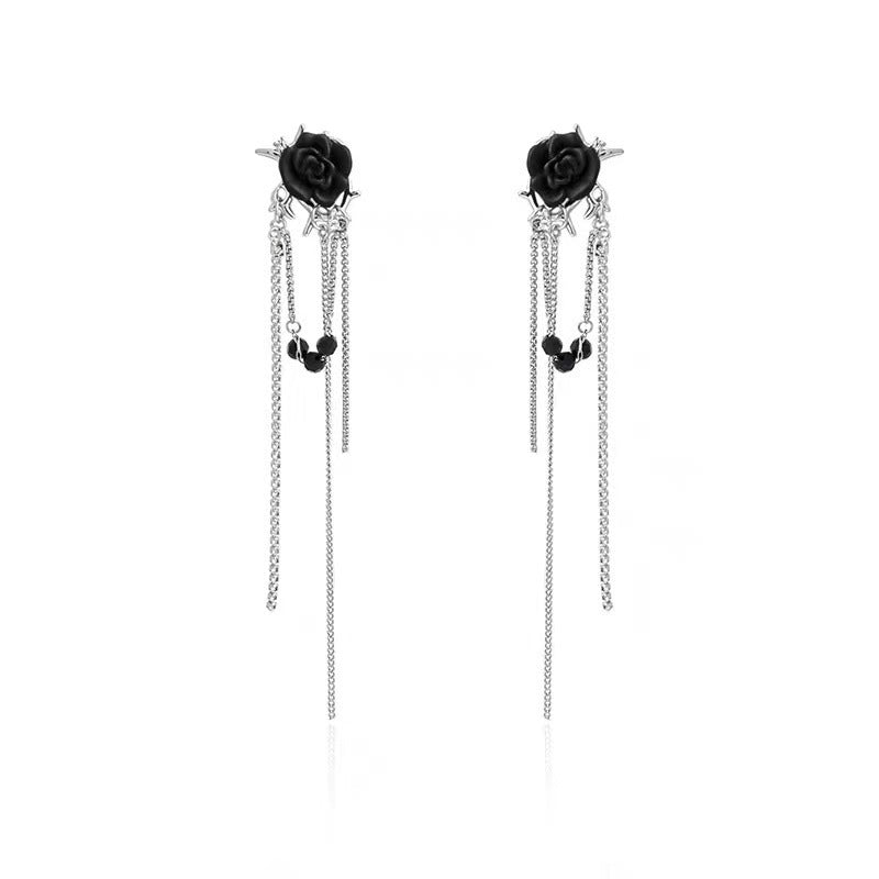 Black Rose Tassel Earrings