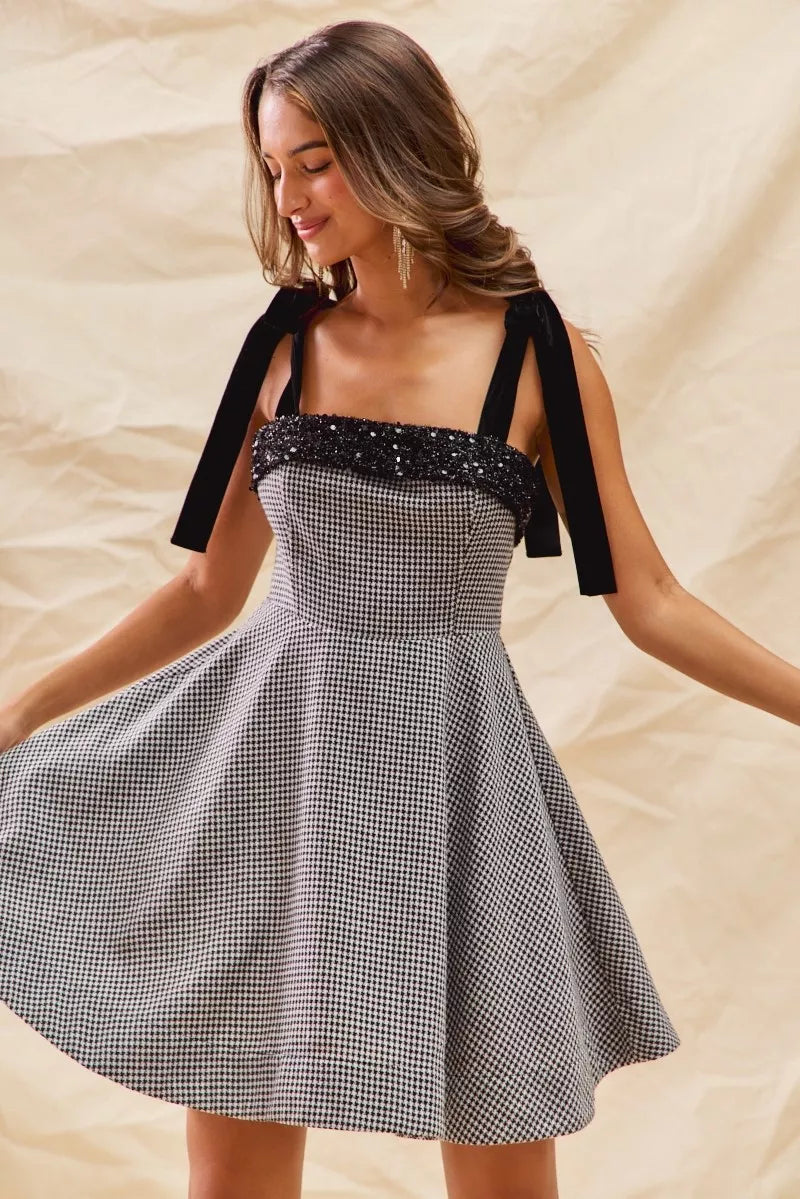 Houndstooth Fit Flare Mini Dress with Shoulder Tie