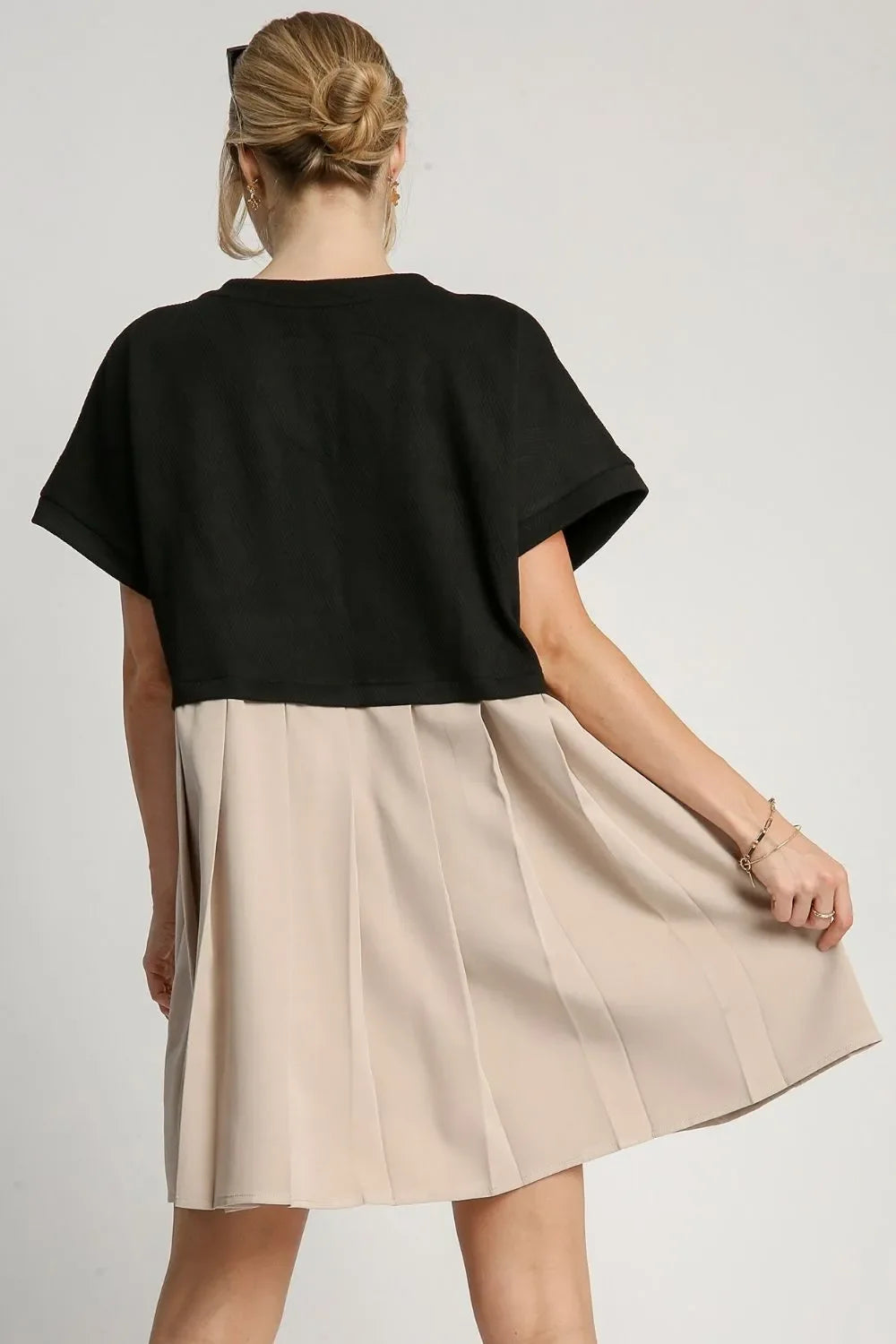 Full Size Round Neck Pleated Dress with Side Pockets Plus Size