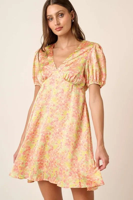 Printed V-Neck Puff Sleeve Mini Dress