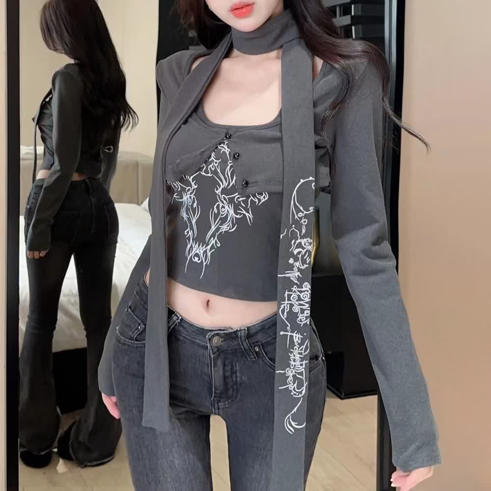Fairy Grunge Halter Long Sleeve Top Set