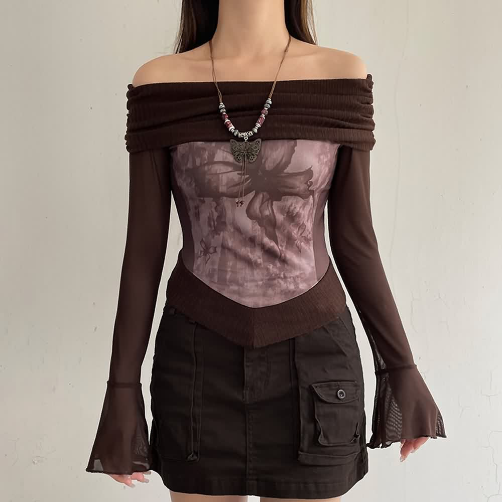 Fairycore Butterfly Bardot Long Sleeve Top