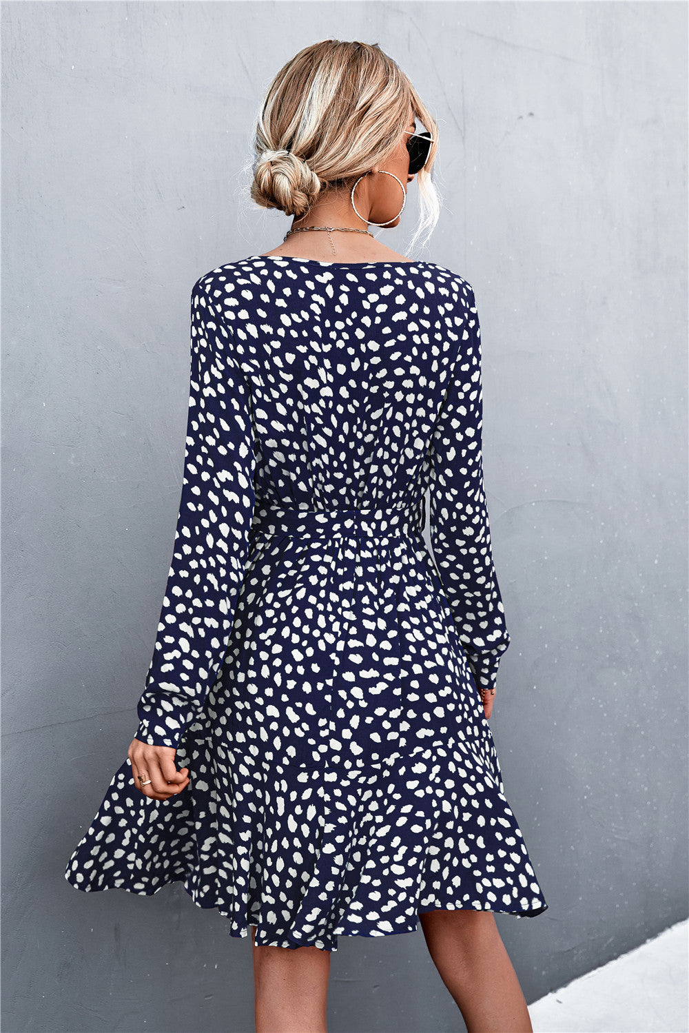 V-Neck Tie Belt Ruffle Hem Mini Dress