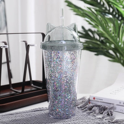 Kawaii Sequined Double Wall Cat Ears Bottle