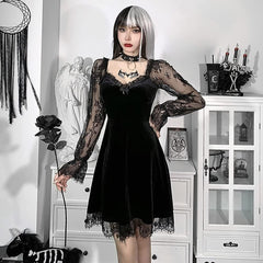 Floral Mesh Long Sleeve Gothic Velvet Dress