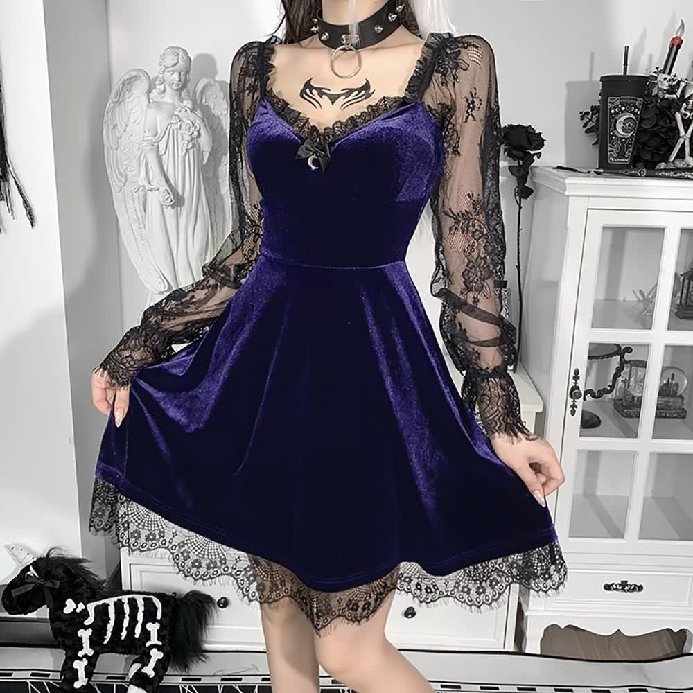 Floral Mesh Long Sleeve Gothic Velvet Dress