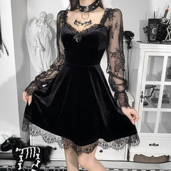 Floral Mesh Long Sleeve Gothic Velvet Dress