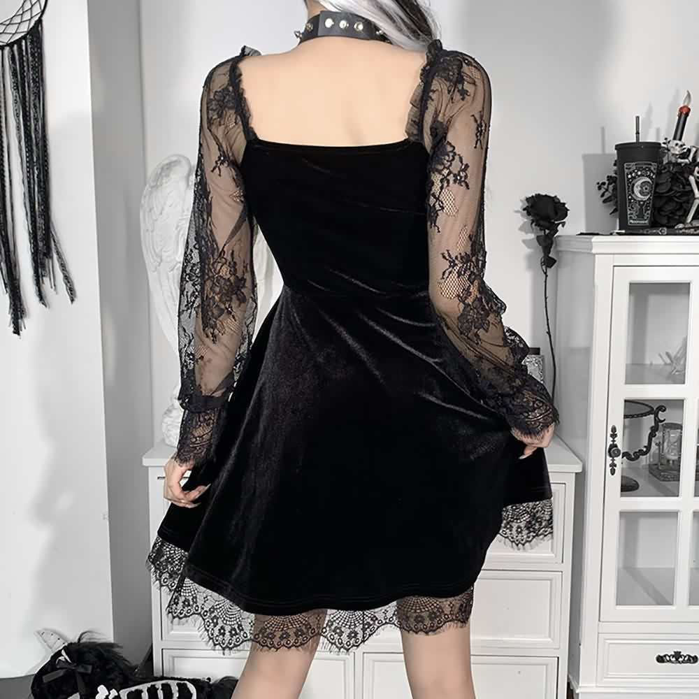 Floral Mesh Long Sleeve Gothic Velvet Dress