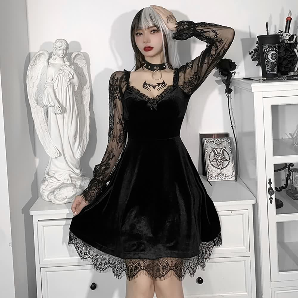 Floral Mesh Long Sleeve Gothic Velvet Dress