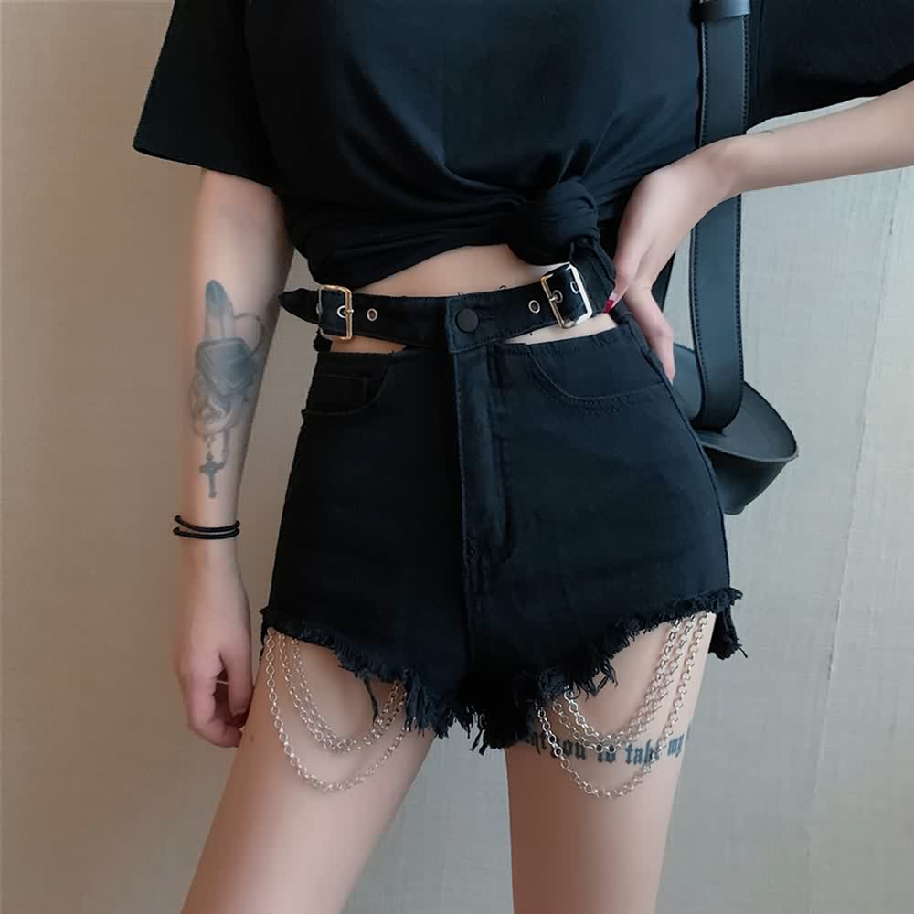 Frayed Hem Darkness Denim Shorts