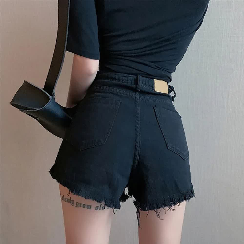 Frayed Hem Darkness Denim Shorts