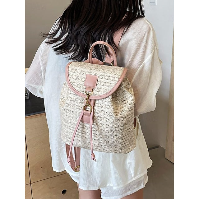 â€?Women Woven Boho Bag with Rattan for Travel Straw Backpack