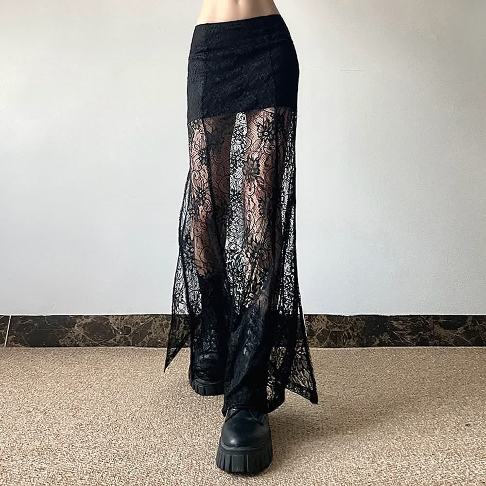 Goth Coquette Lace Slit Side Maxi Skirt