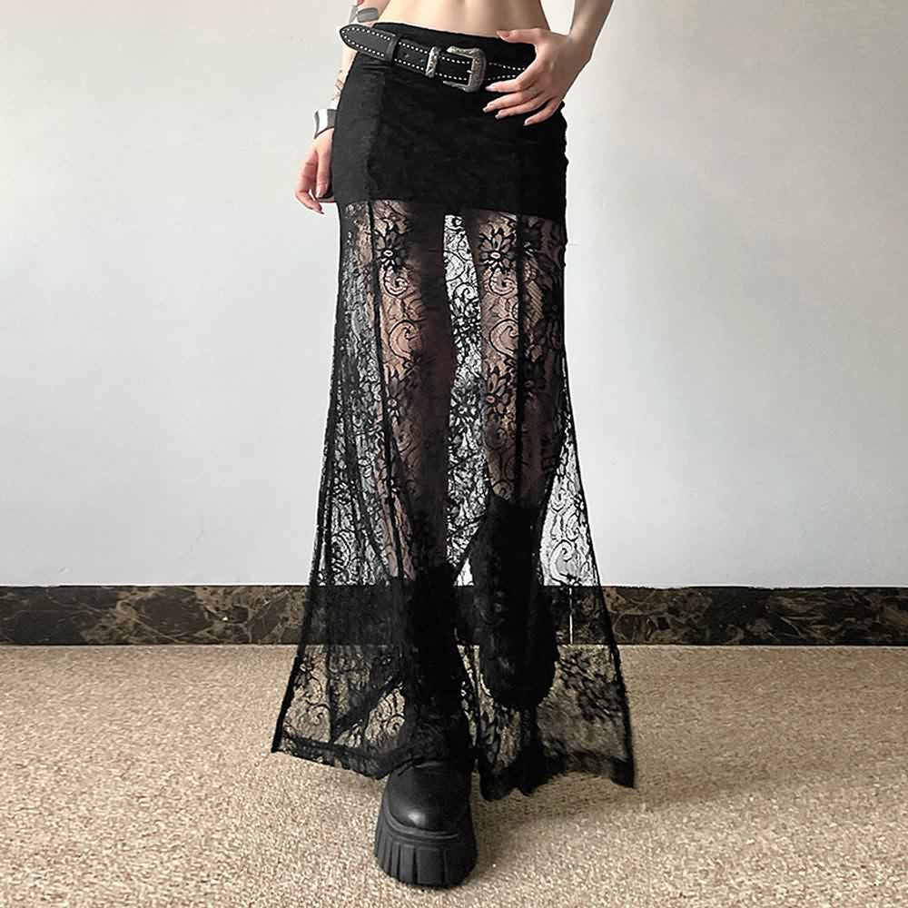 Goth Coquette Lace Slit Side Maxi Skirt