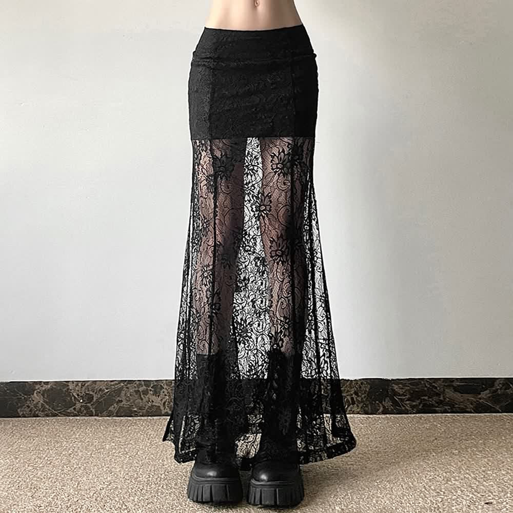 Goth Coquette Lace Slit Side Maxi Skirt