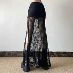 Goth Coquette Lace Slit Side Maxi Skirt