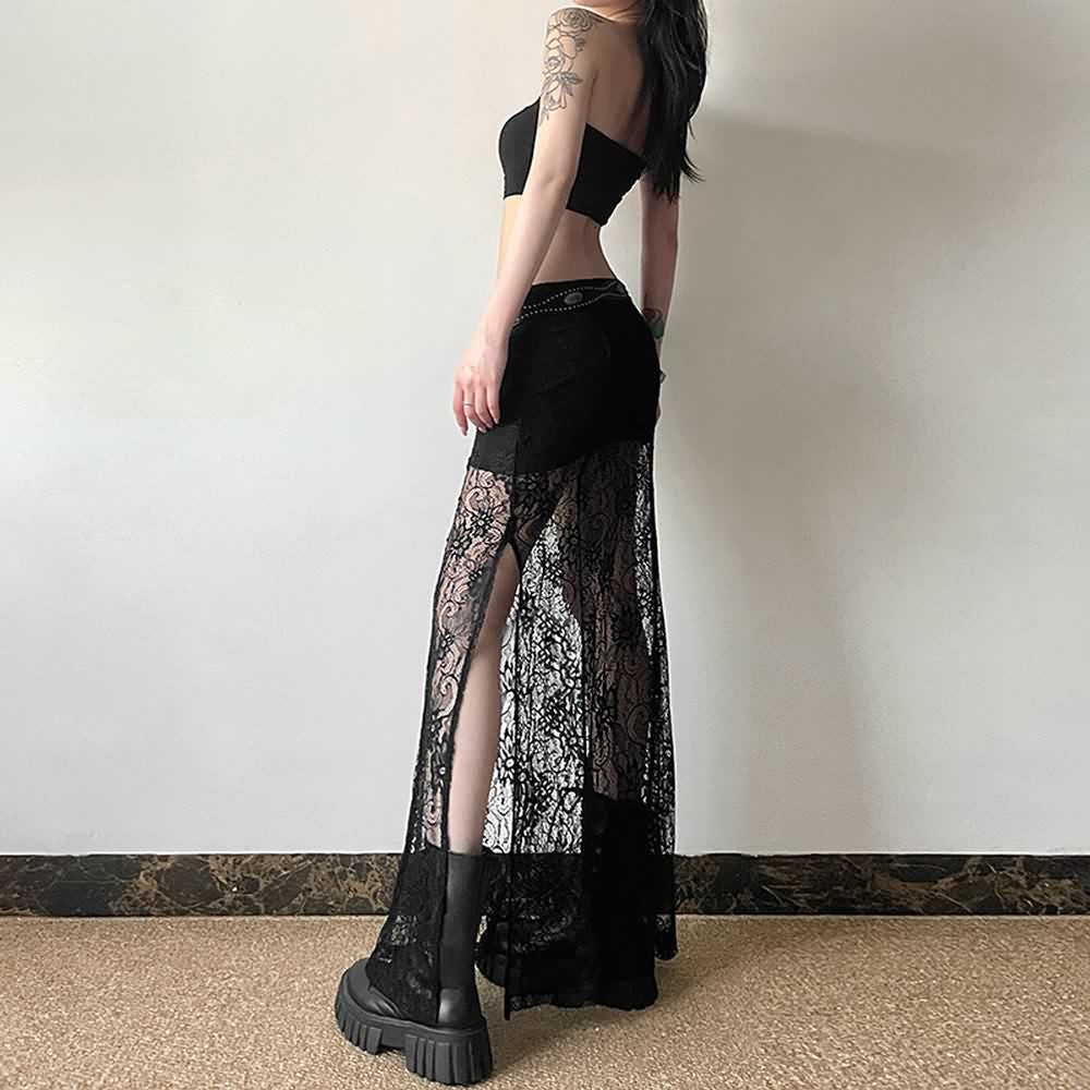 Goth Coquette Lace Slit Side Maxi Skirt