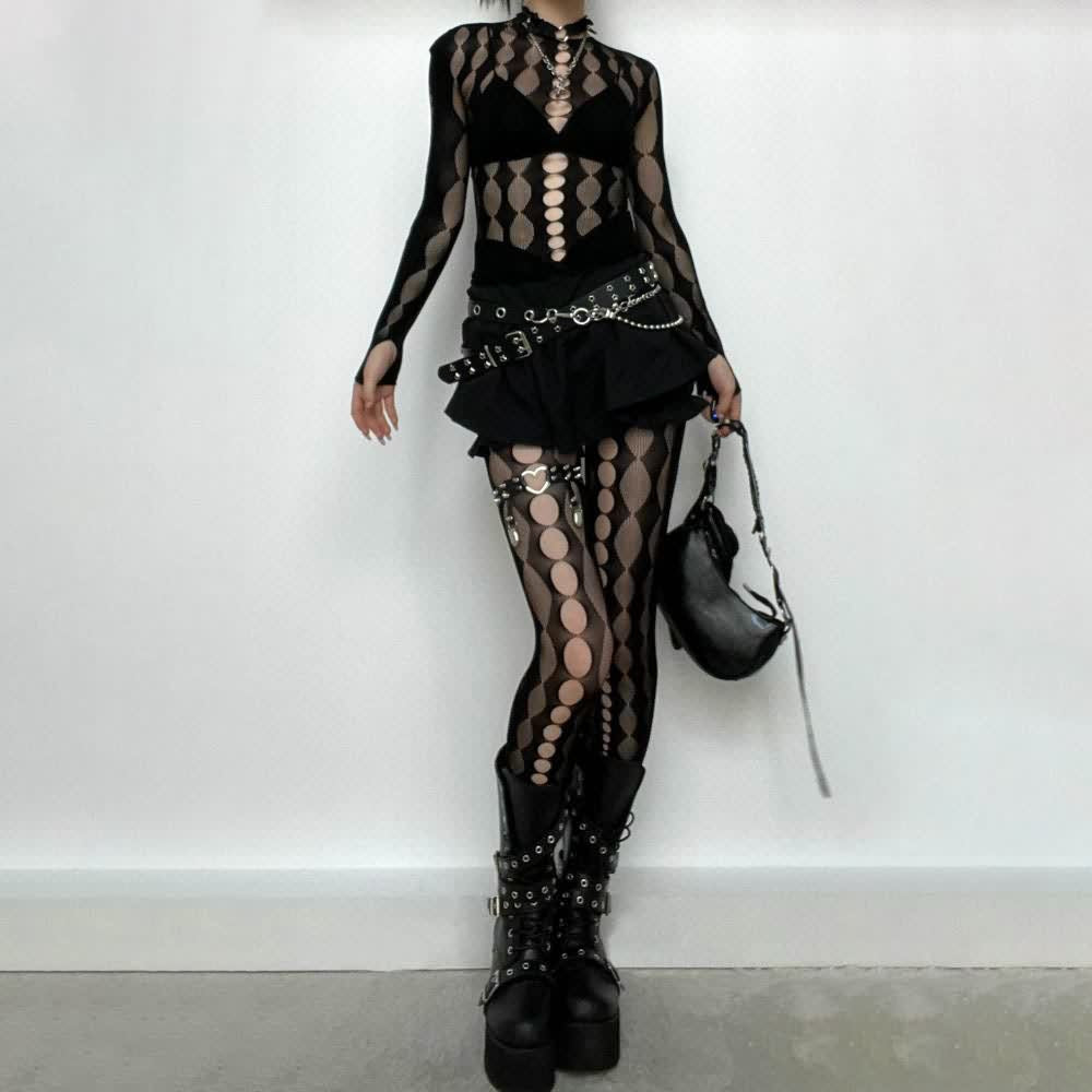 Goth Cut Out Mesh Long Sleeve Top And Leggings Set