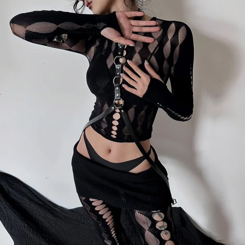 Goth Cut Out Mesh Long Sleeve Top And Leggings Set