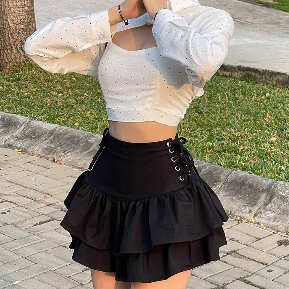 Goth Eyelet Lace Up Tiered Mini Skirt