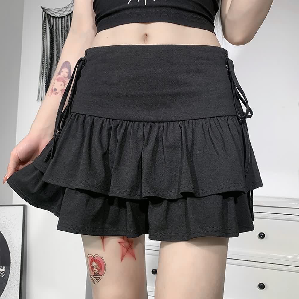 Goth Eyelet Lace Up Tiered Mini Skirt