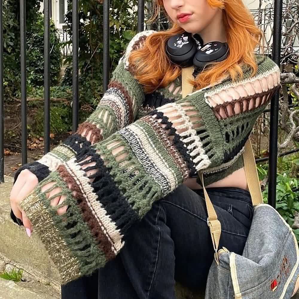 Goth Grunge Mesh Crop Knit Sweater