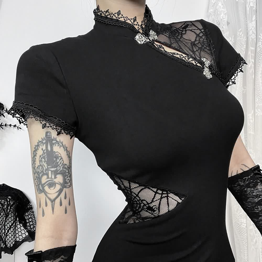 Goth Mesh Cut Out Slit Cheongsam Midi Dress