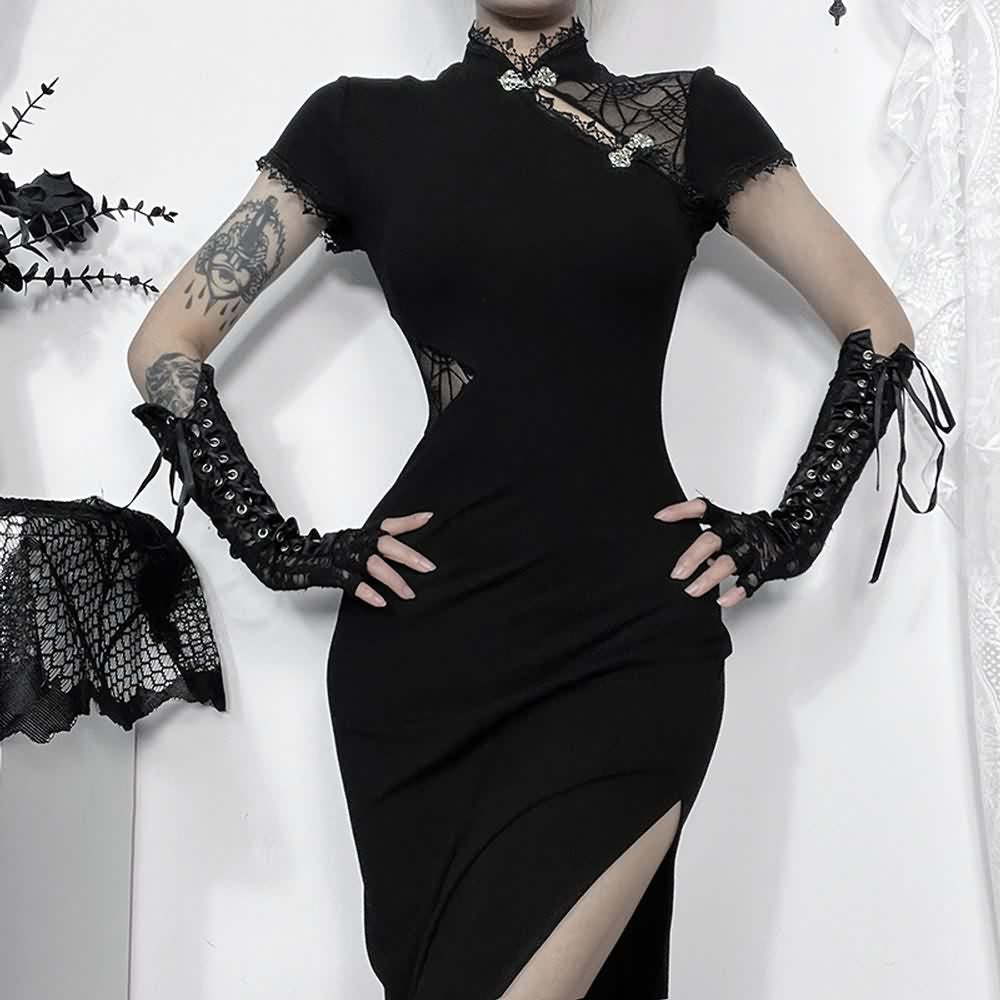 Goth Mesh Cut Out Slit Cheongsam Midi Dress