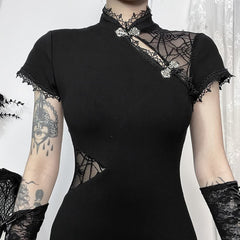 Goth Mesh Cut Out Slit Cheongsam Midi Dress