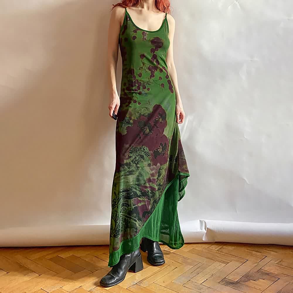 Gothic Abstract Green Mesh Maxi Dress