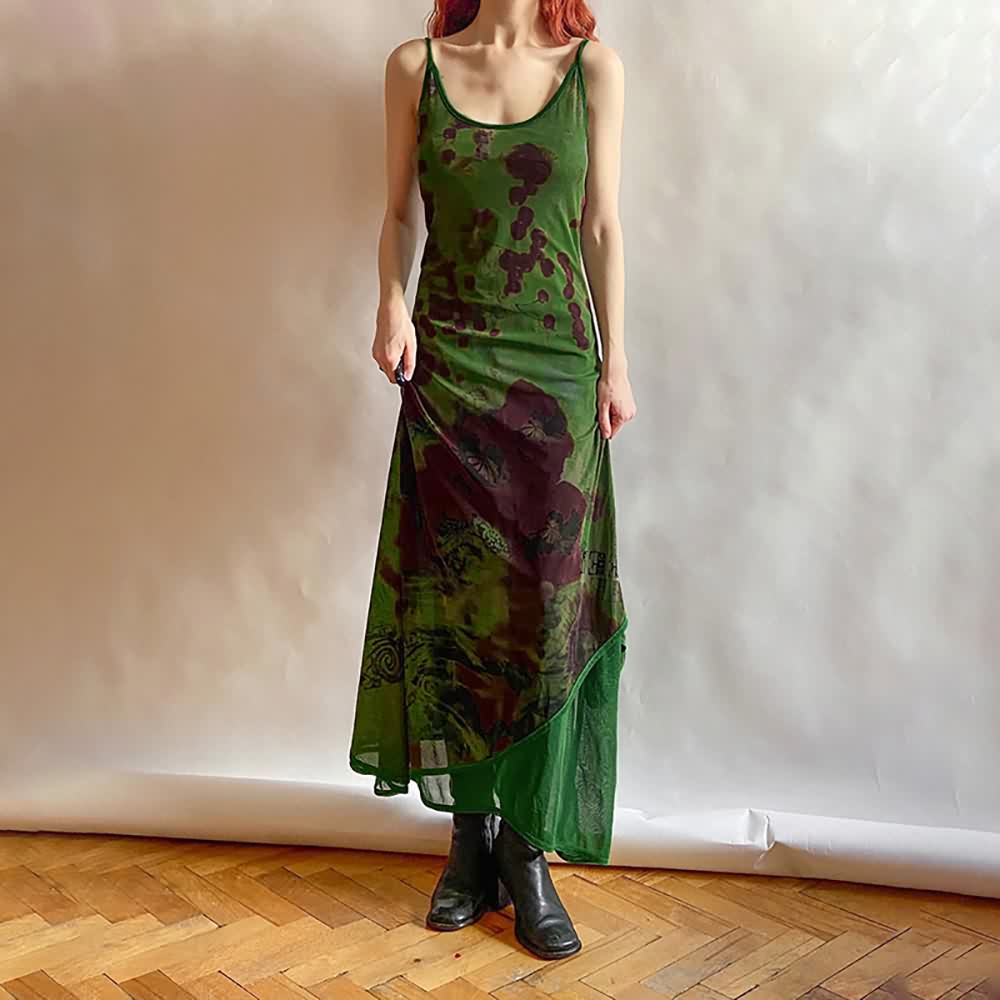 Gothic Abstract Green Mesh Maxi Dress