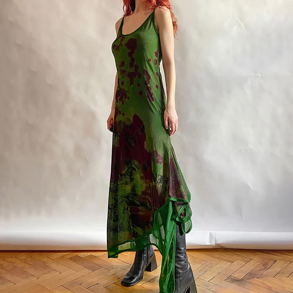 Gothic Abstract Green Mesh Maxi Dress