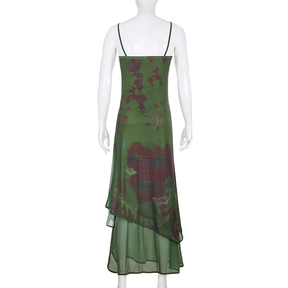 Gothic Abstract Green Mesh Maxi Dress