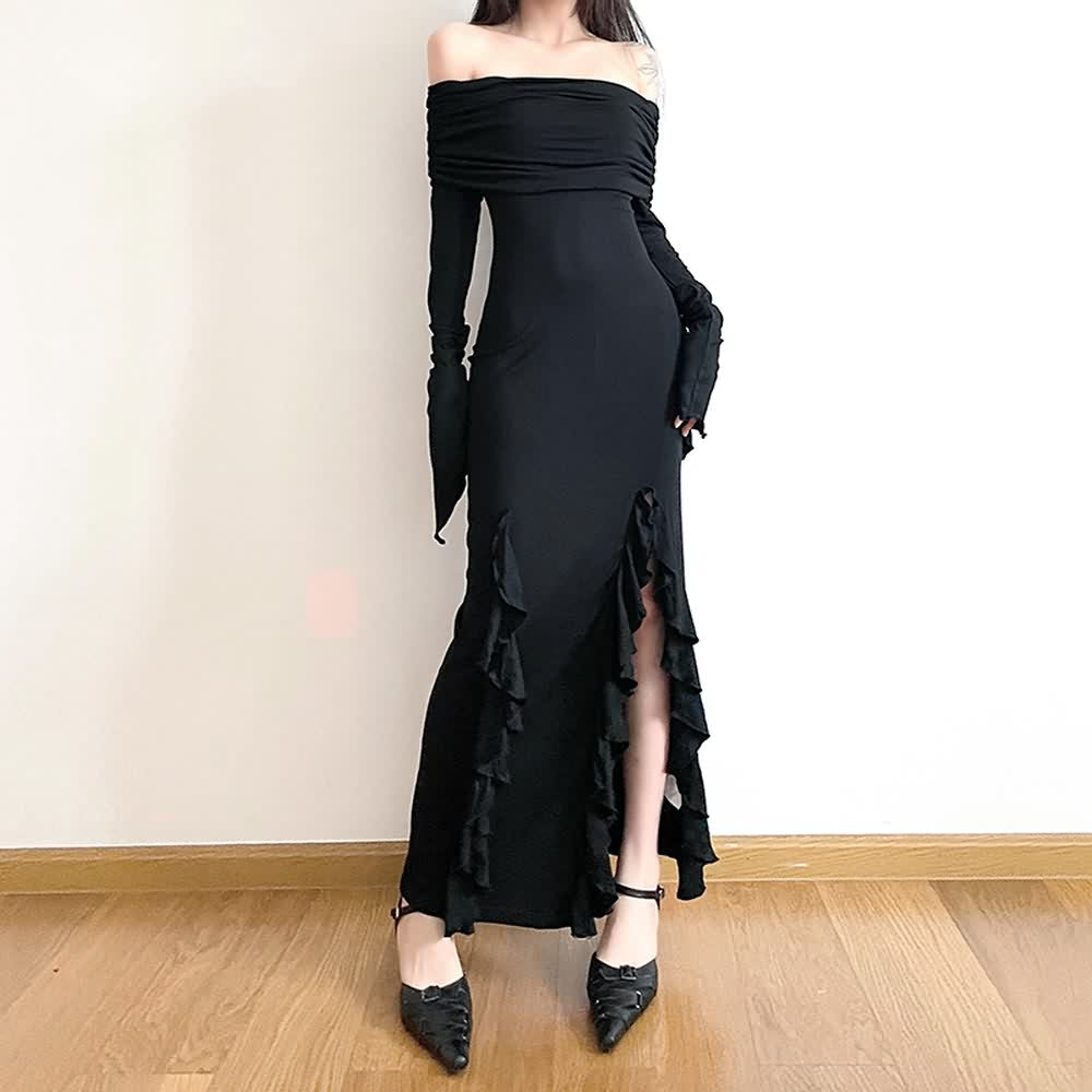 Gothic Bardot Long Sleeve Ruffle Slit Dress