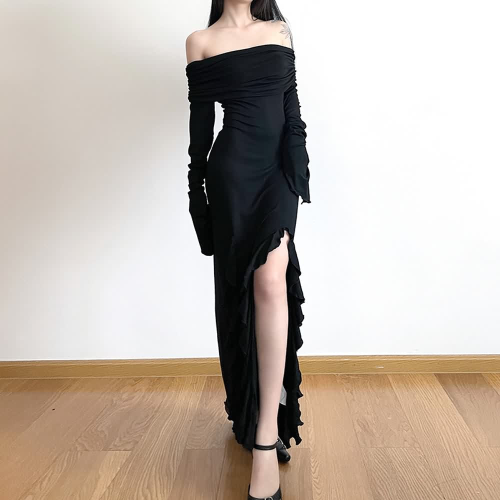 Gothic Bardot Long Sleeve Ruffle Slit Dress