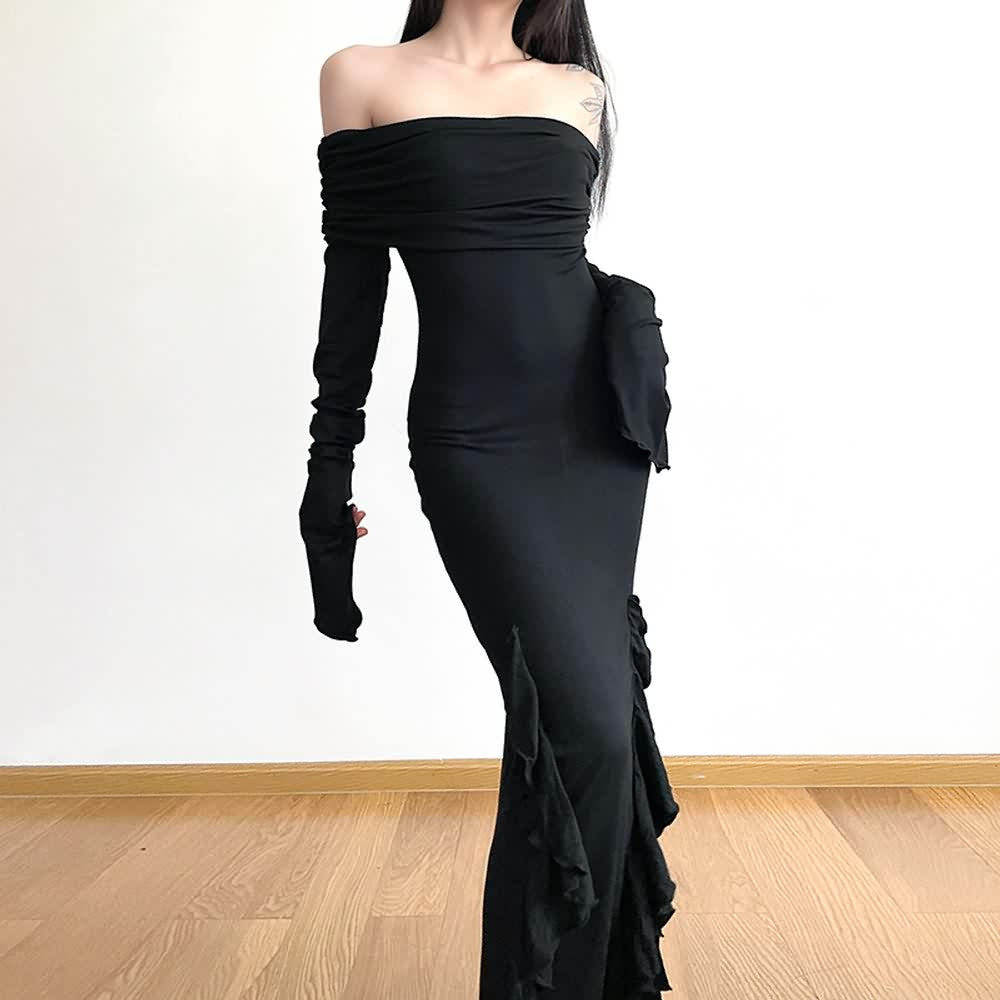 Gothic Bardot Long Sleeve Ruffle Slit Dress