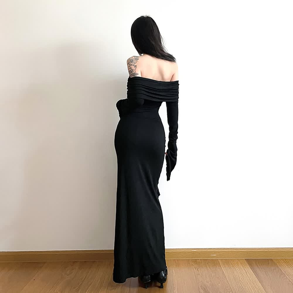 Gothic Bardot Long Sleeve Ruffle Slit Dress