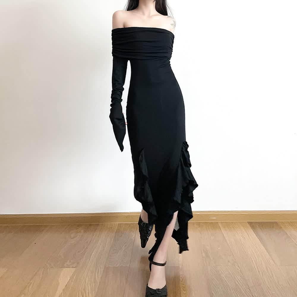 Gothic Bardot Long Sleeve Ruffle Slit Dress