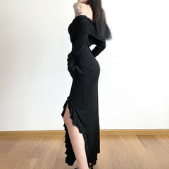 Gothic Bardot Long Sleeve Ruffle Slit Dress