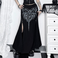 Gothic Bat Skull Cross Lace Up Slit Maxi Skirt