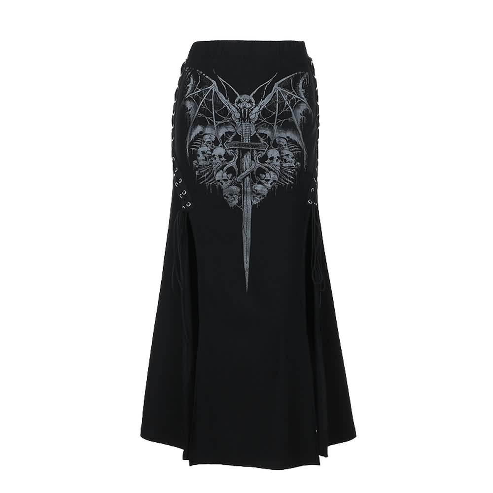 Gothic Bat Skull Cross Lace Up Slit Maxi Skirt