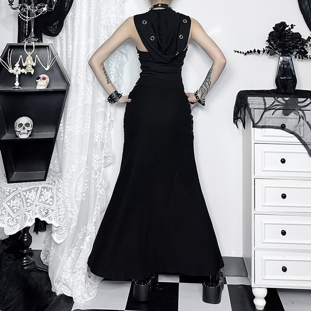 Gothic Bat Skull Cross Lace Up Slit Maxi Skirt