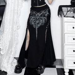 Gothic Bat Skull Cross Lace Up Slit Maxi Skirt