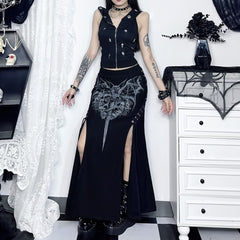 Gothic Bat Skull Cross Lace Up Slit Maxi Skirt