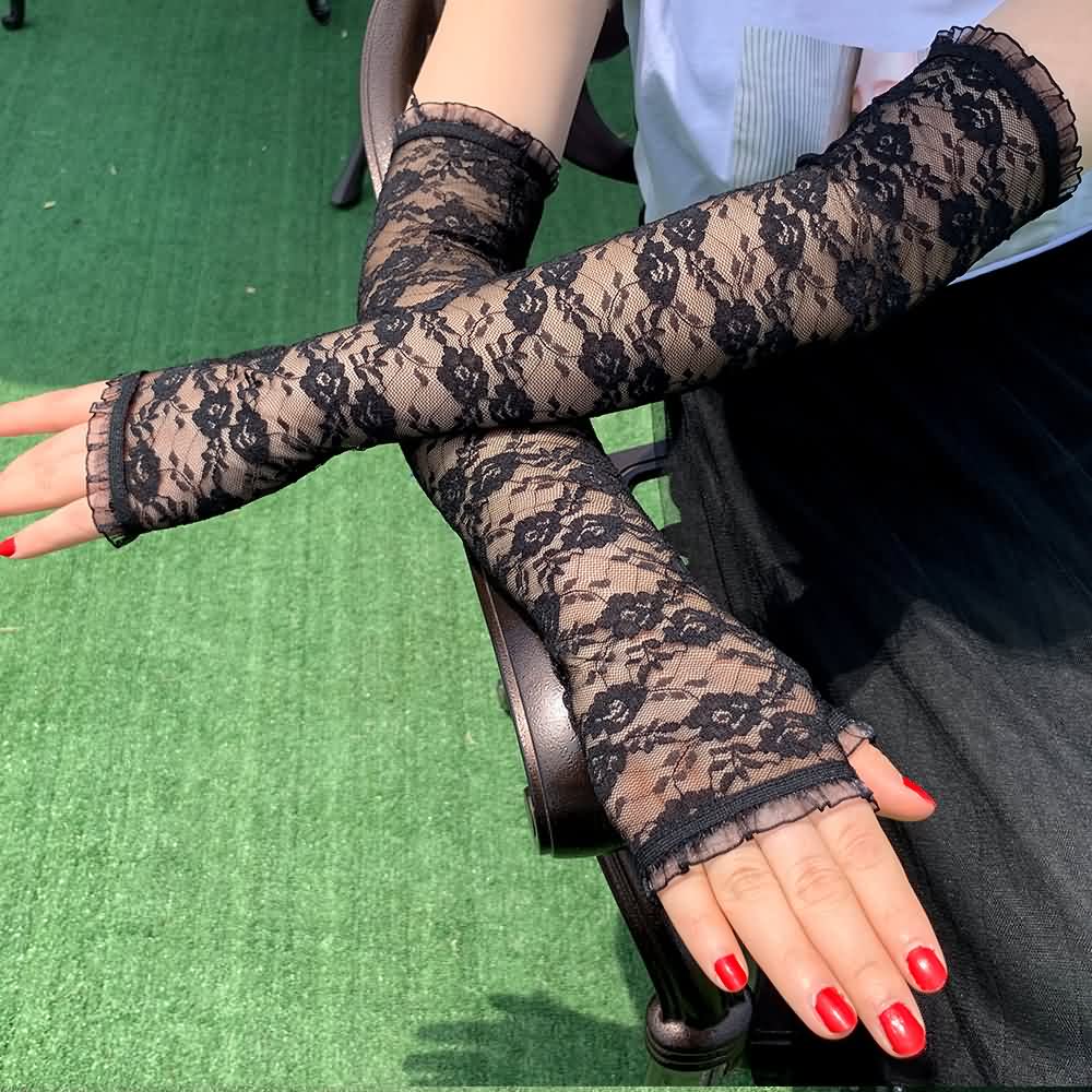 Gothic Black Flower Lace Fingerless Gloves