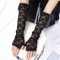 Gothic Black Flower Lace Fingerless Gloves