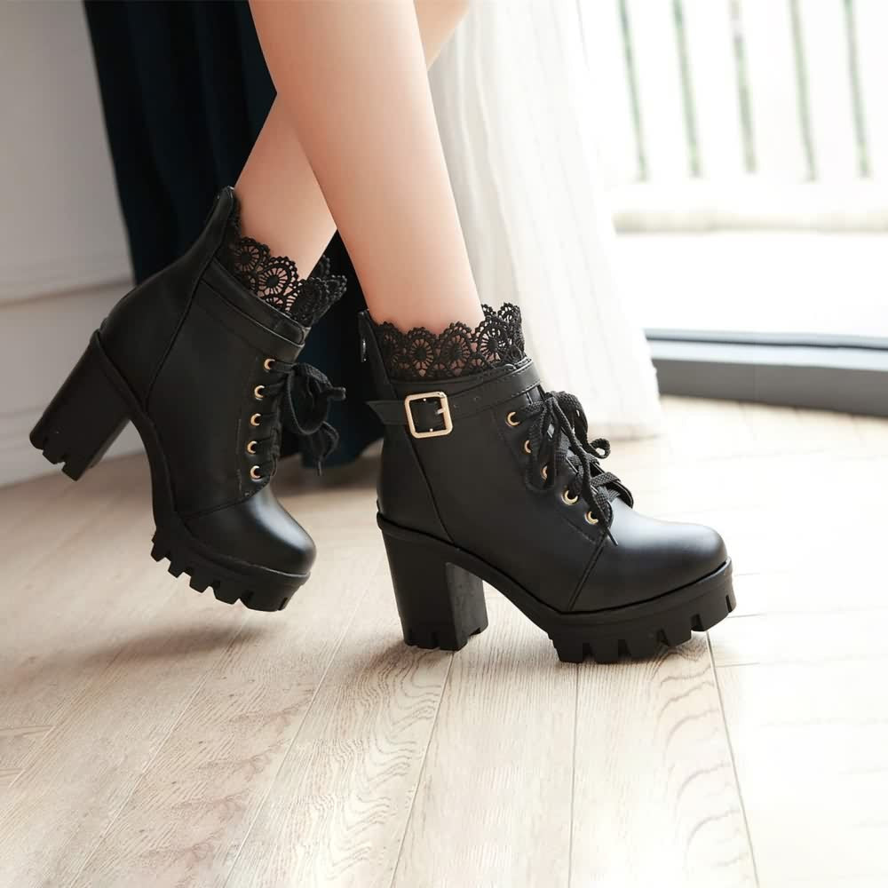 Gothic Buckle Strap Lace Platform Boots