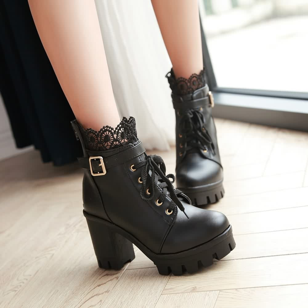 Gothic Buckle Strap Lace Platform Boots