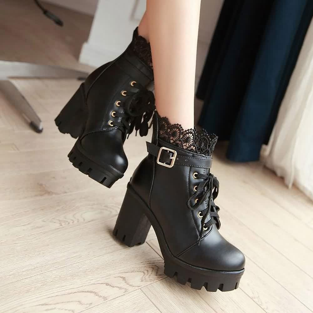 Gothic Buckle Strap Lace Platform Boots