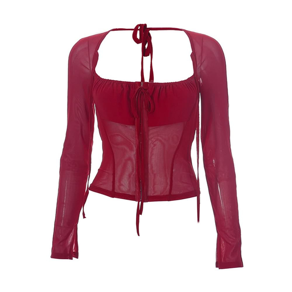 Gothic Burgundy Sheer Mesh Long Sleeve Top